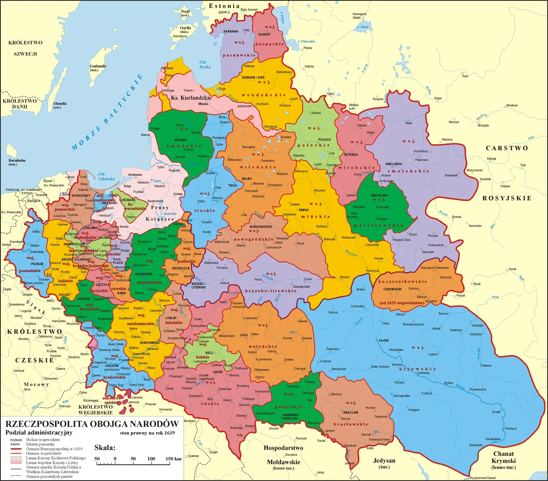 Administrative map of the Polish-Lithuanian Commonwealth in 1619, showing its voivodeships across what is now Poland, Lithuania, Belarus and Ukraine, between the Baltic Sea and the lands of the Russian and Crimean states.