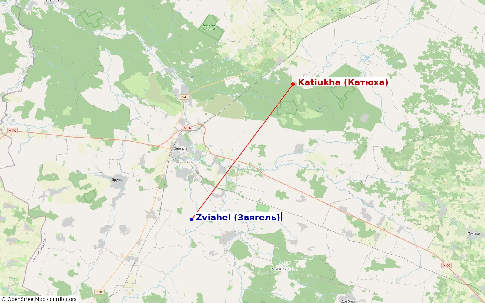 Locator map showing Katiukha (Катюха) in the Zviahel district of Zhytomyr Oblast, with Zviahel (Звягель, formerly Novograd-Volynsk) marked to the south-west.