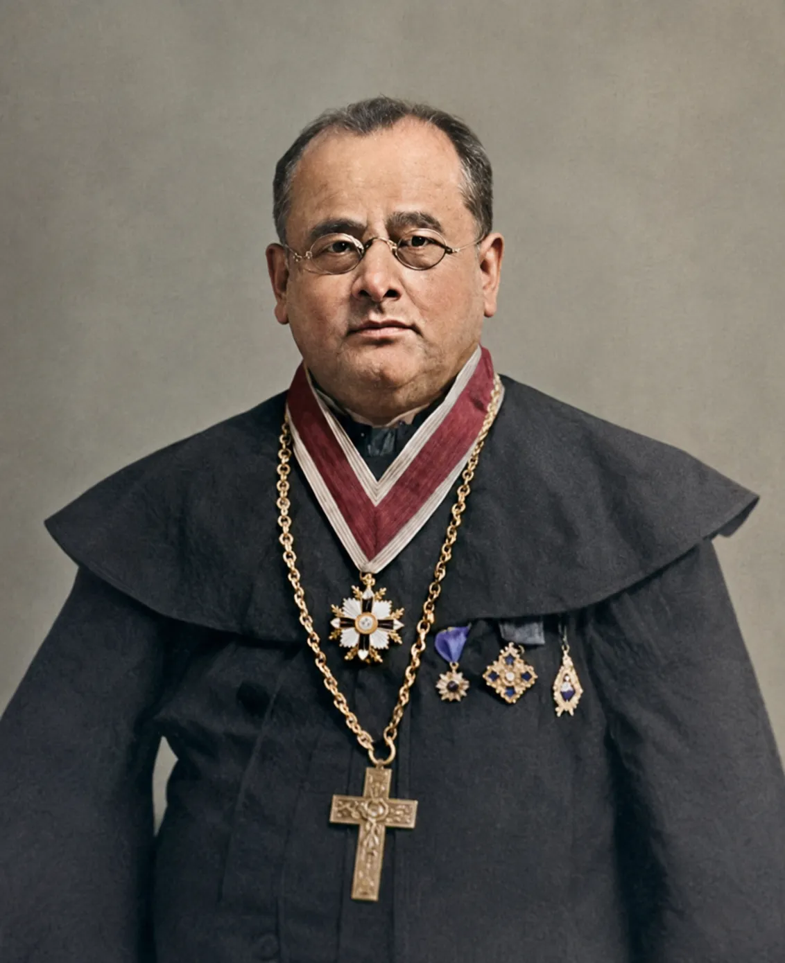 Portrait of a Roman Catholic clergyman in a dark cassock and pellegrina, wearing wire-rimmed spectacles, a pectoral cross, and a neck order with further decorations. Identified as Rev. Nikodem Czerniachowicz.