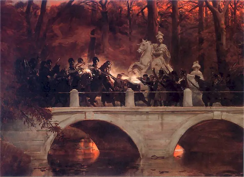 A painting of fighting between Polish insurgents and the Russian cuirassiers on a bridge in Warsaw's Łazienki Park.